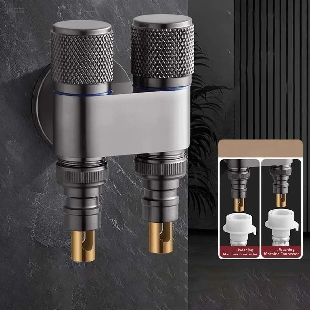 Universal Interface Double Outlet Valve Faucet Knob Type Shower Shut Off Valve Stainless Steel Lichee Pattern