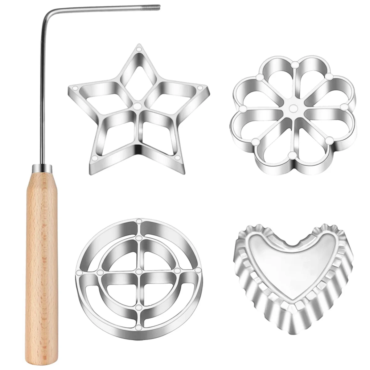 5PCS Bunuelos Mold Set Cake Snack Mold with Wooden Handles,Rosette Maker Cookie Bunuelos Tool