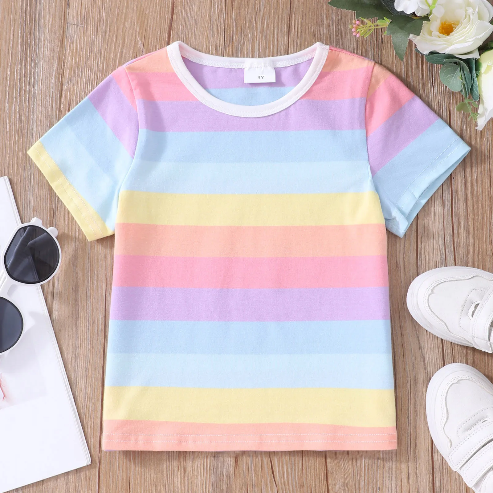 Tshirt Kids For 2-7Y Summer Boys Girls Short Sleeve Rainbow Stripes Top Casual Cotton Children Clothing Tops Baby Kid T-shirt