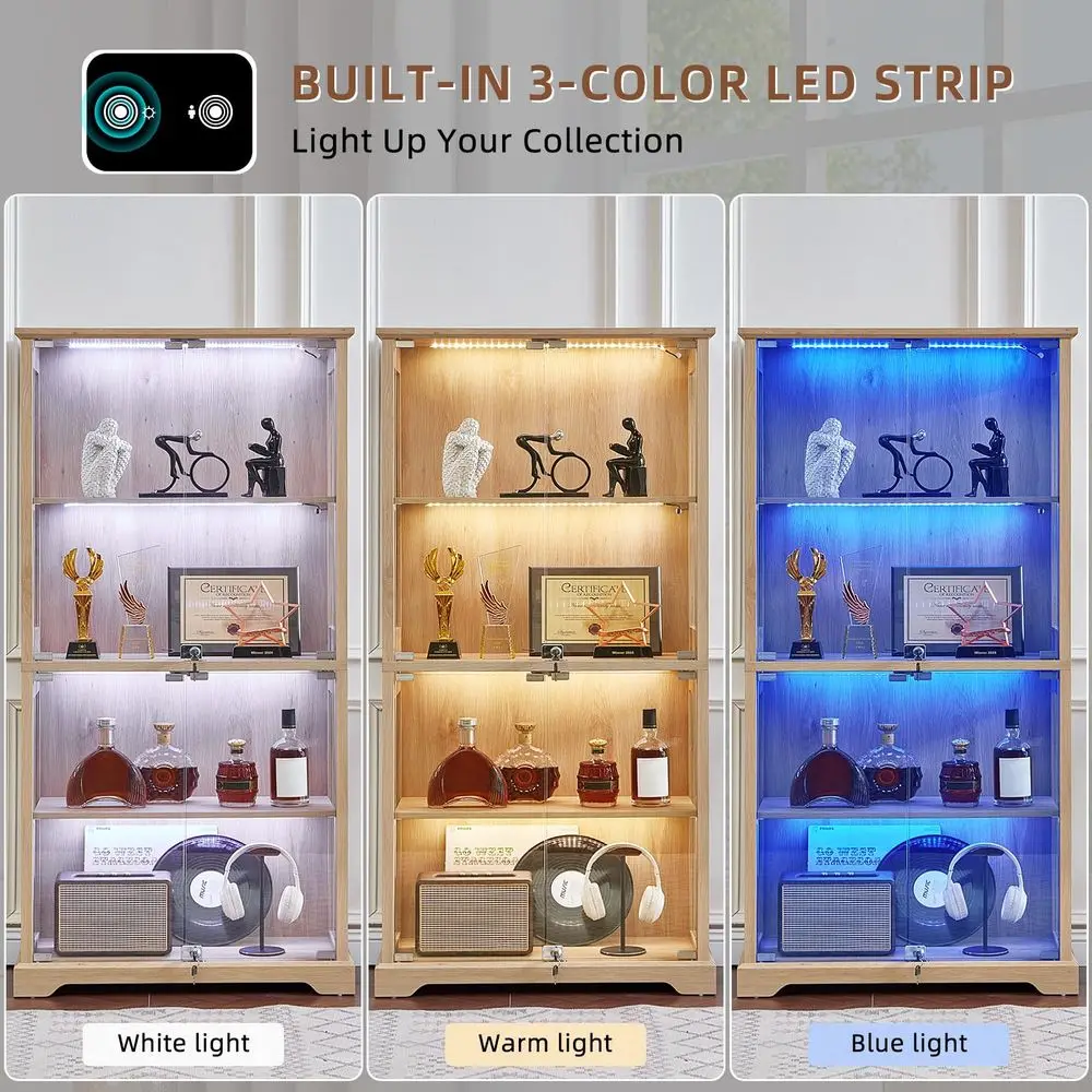 Farmhouse Glass Display Cabinet with Doors, Wooden Curio Cabinet for Collectibles with 3Color LED MotionSensor Light amp Reinfo view 4