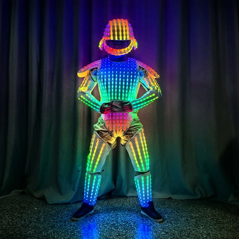 Men's Halloween Costume LED Luminous Robot Armor Helmet Circus Nightclub DJ Dancer Light up Clothes Space Warrior Cosplay Suit