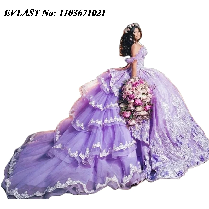 EVLAST Customized Lavender Quinceanera Dress Ball Gown Lace Applique Beaded Ruffles Mexican Sweet 16 Vestidos De 15 Anos SQ522