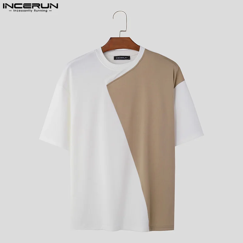 INCERUN Tops 2024 Korean Style Handsome Men\'s O-neck Irregular Patchwork T-shirts Casual Streetwear Short Sleeved Camiseta S-5XL