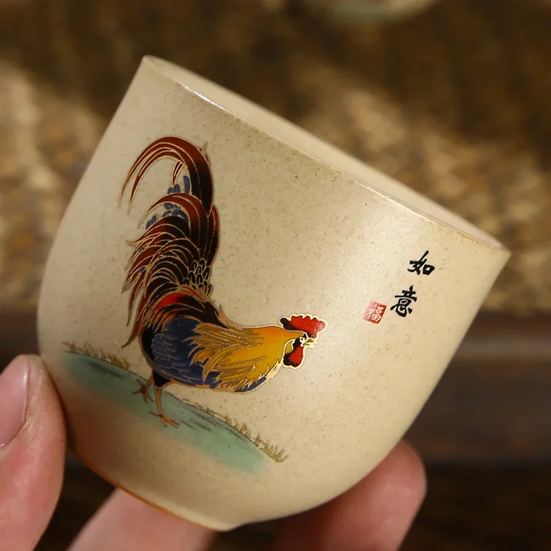 1 Pc Antique Handmade Ceramic Teacup Hand Painted Cock Pottery Tea Cup Travel Portable Tea Bowl Pu\'er Master Cup Chinese Tea Set