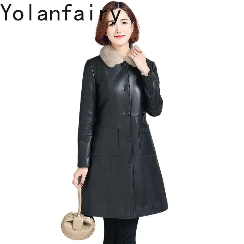 YOLANFAIRY الراقية جلد الغنم الحقيقي سترة النساء 2025 الشتاء الفاخرة فرو المنك بطانة معطف منتصف طول معاطف الفرو الدافئة ضئيلة