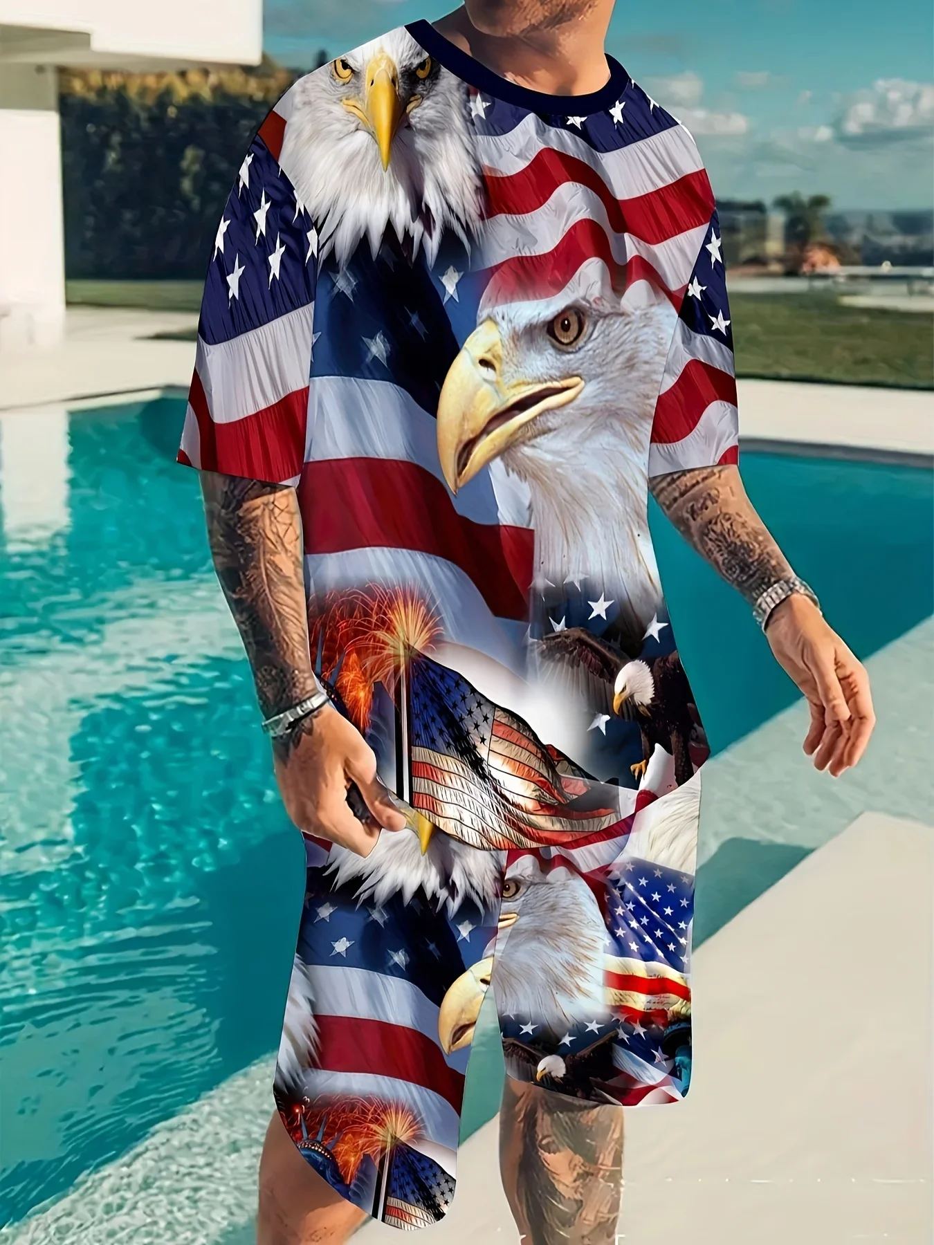 American Flag Eagle 3D print 2pcs Men's Casual Loungewear Set with Graphic Tees, Shorts, and Sports Suit