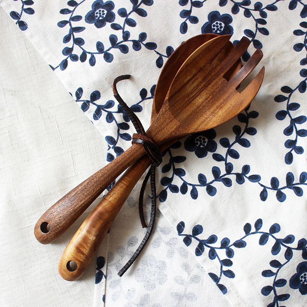 

2pcs Wooden Spoon Fork Set For Non-Stick Cookware Salad Serving Utensils Natural Wood Tableware Kitchen Tools Ladle