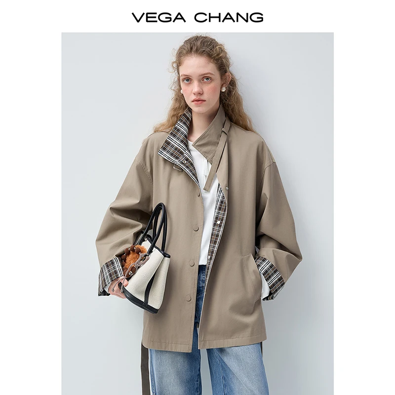 معطف نسائي قصير من Vega Chang للربيع والخريف مصنوع منقوش عليه ألوان فضفاض على الطراز البريطاني