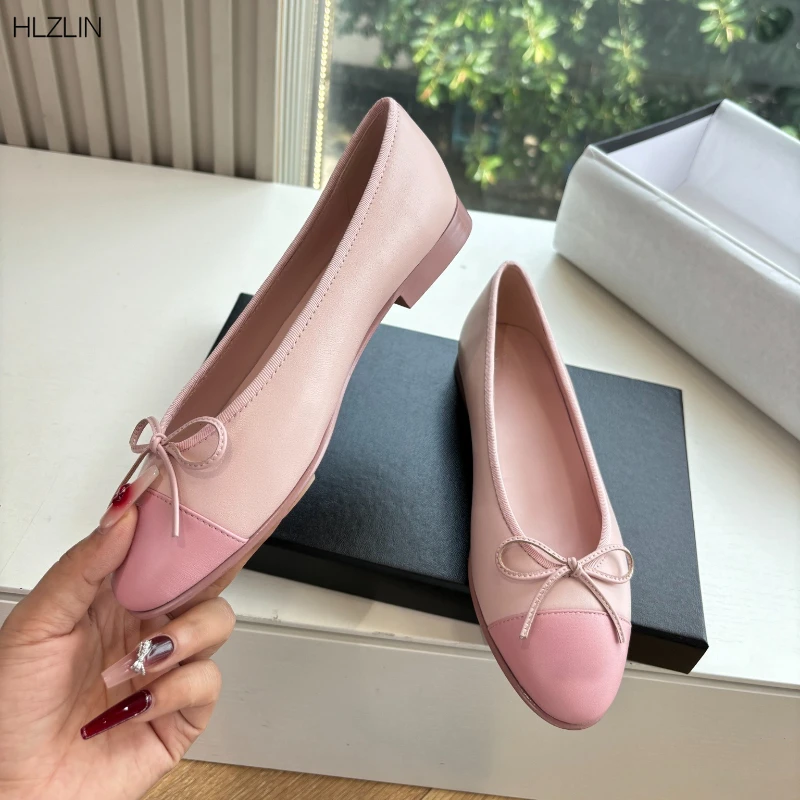 أحذية جلدية نسائية جديدة للربيع والصيف ذات طبقة واحدة مقترنة مع أحذية باليه مسطحة بفيونكة