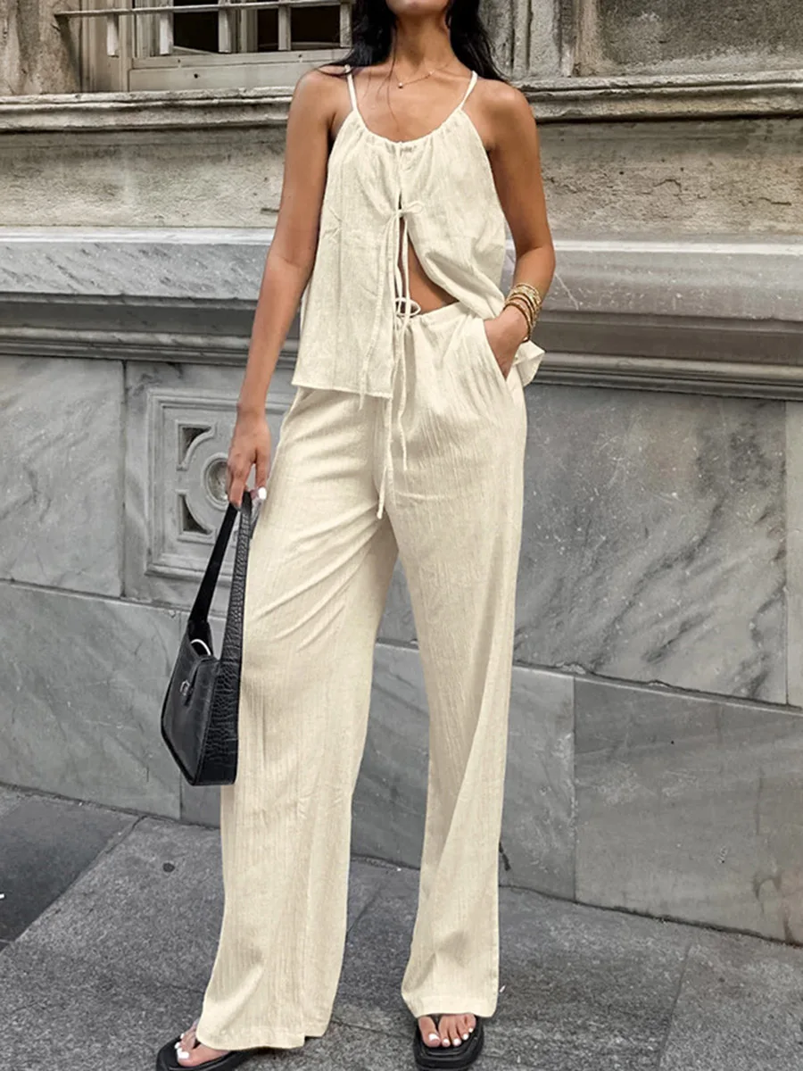 Conjunto de Dos Piezas para Mujer 2026, Conjuntos Combinados para Mujer, Top Halter con Tirantes Finos y Pantalones Anchos de Cintura Alta con Lazos Delanteros, Traje de Playa de Lino