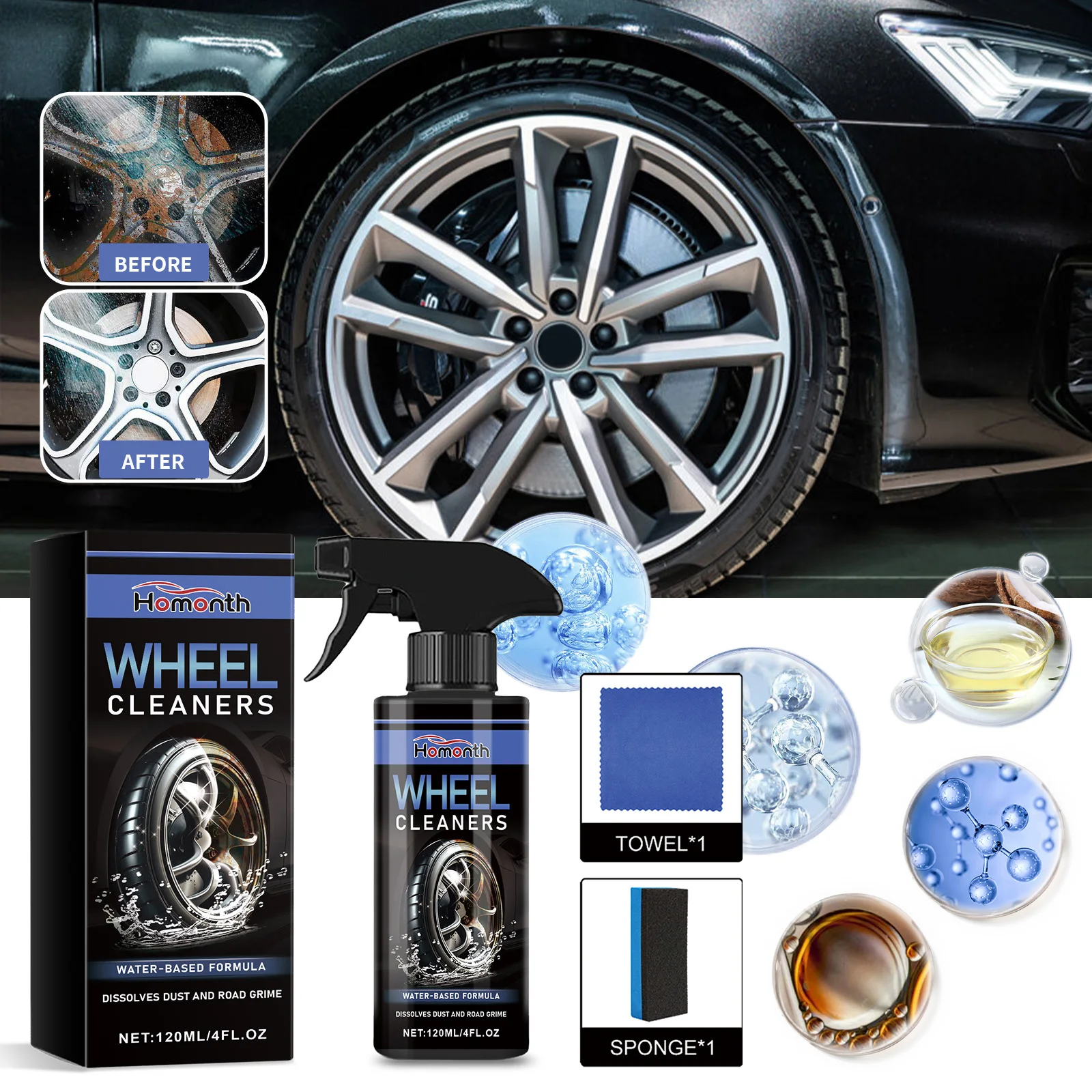 Homonth 120ml Car Iron Remover Wheel Cleaning Spray Care ar Wheel Cleaner Tire Cleaner Comprehensive Wheel Spray Wheel Care