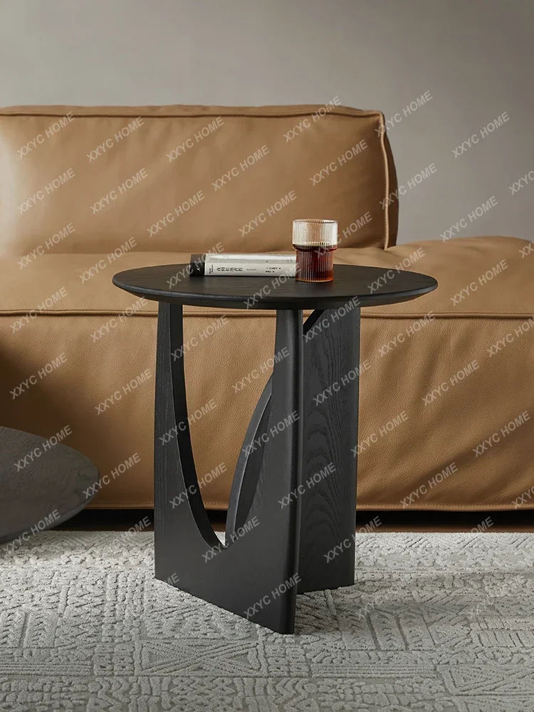 Mesa de centro JJY redonda, combinación de madera maciza negra, mesa redonda para sala de estar