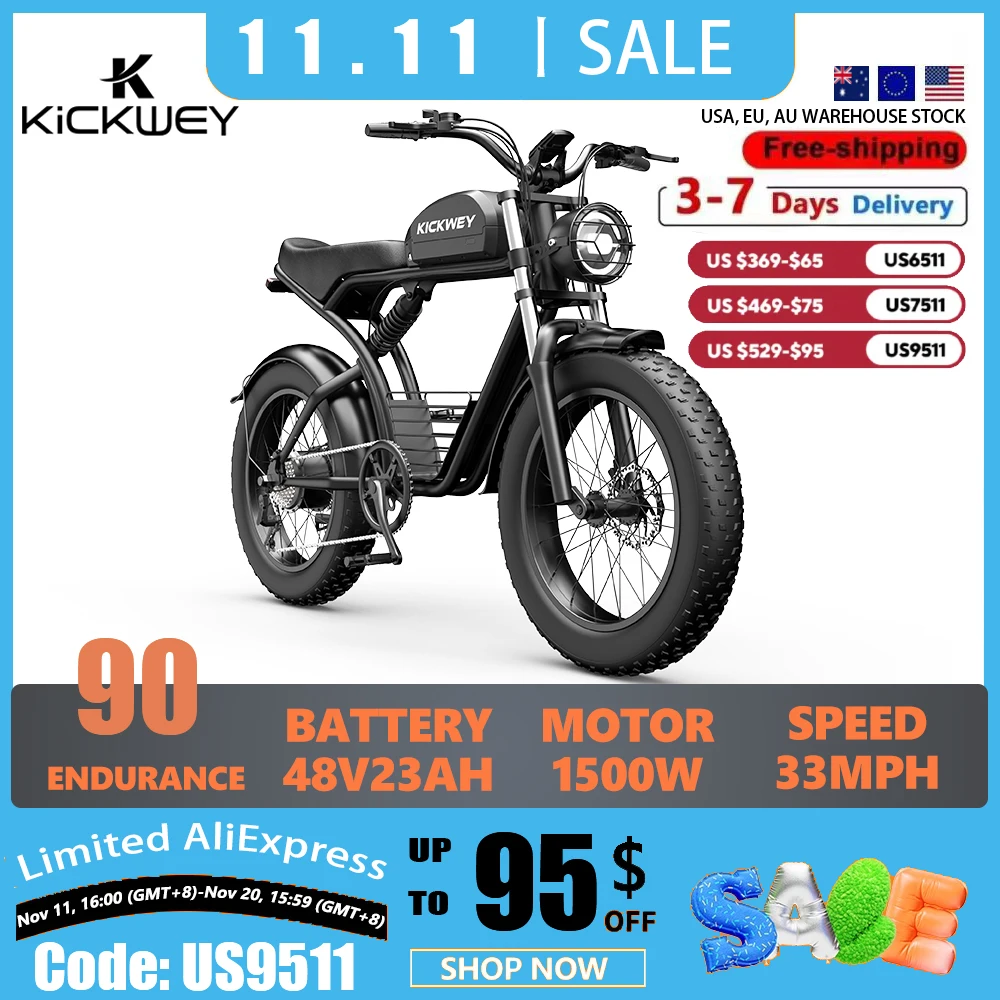 

Kickwey K7 Pro Электрический велосипед для взрослых 3000 Вт (двойной двигатель 1500 Вт × 2) 48 В 23 Ач Горный электрический велосипед 20 дюймов Fat Tire Ebike