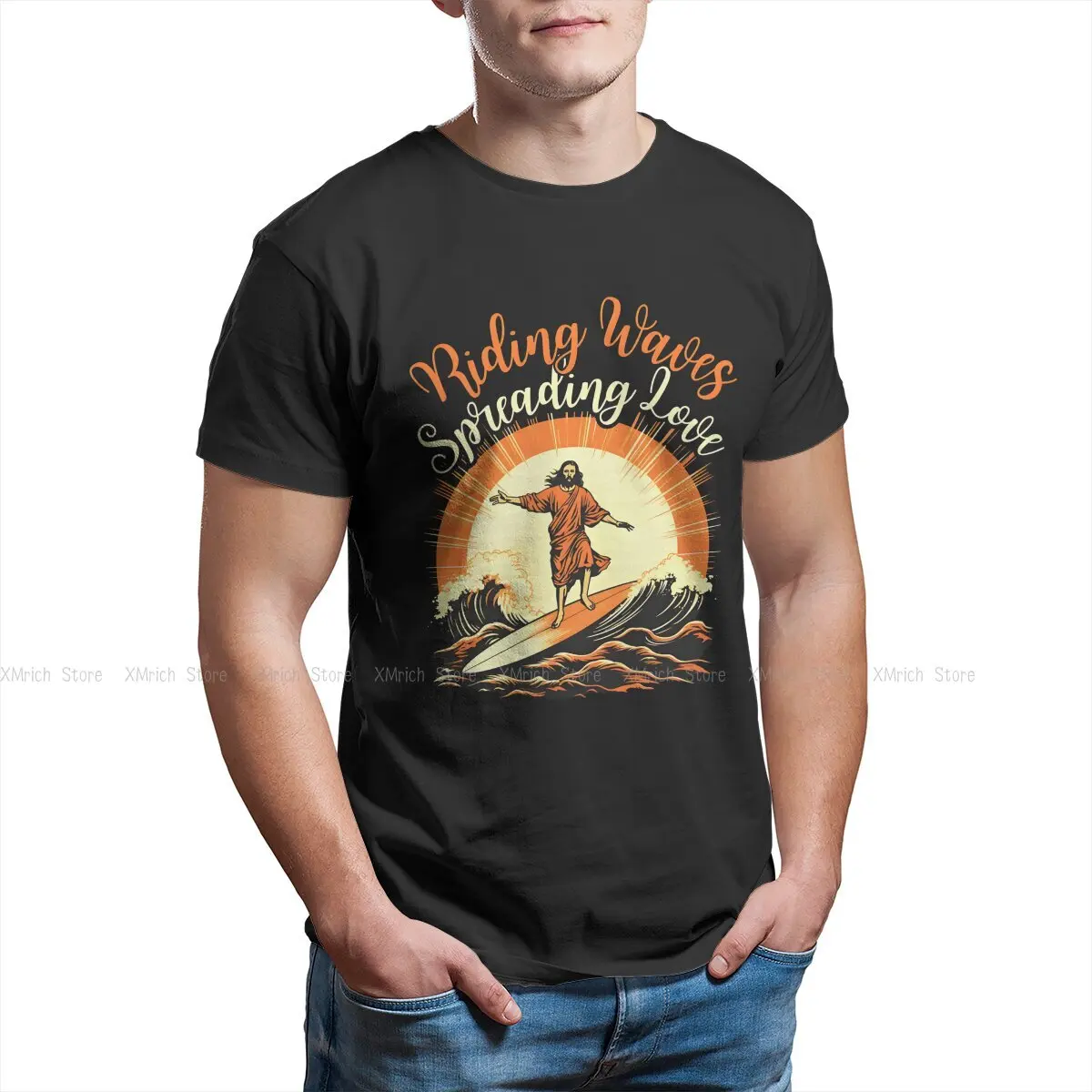 Surfing Jesus  Riding Waves Spreading Love Man's TShirt Jesus Crewneck Short Sleeve 100% Cotton T Shirt Funny Top Quality Gift