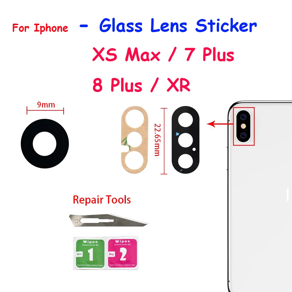For Iphone X XR XS Max 7 8 6 6S Plus Camera Glass Lens Back Rear Camera Glass Lens with Glue Replacement Parts
