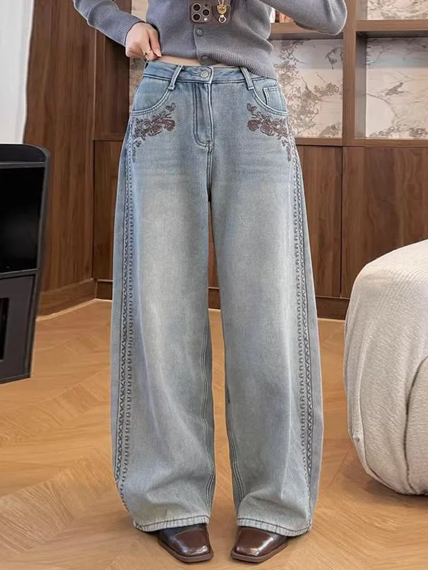 

Женские джинсы с вышивкой и боковыми полосками в стиле ретро, с высокой талией, широкими штанинами, универсальные, весенняя новинка