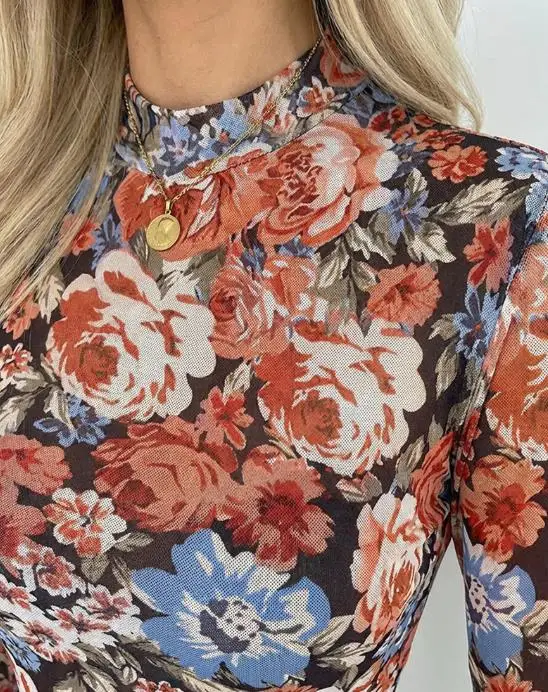 

Women's Vintage Printed Stand Collar Long Sleeve T-Shirt New Style Temperament Female Slim Pleated Transparent Mesh Layered Top