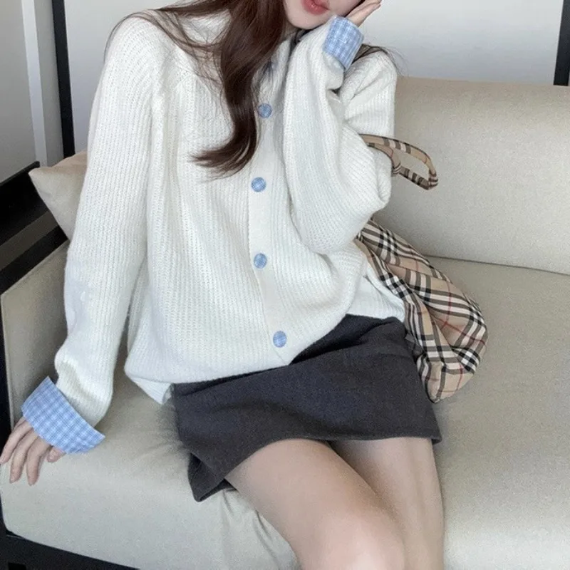 

Korean Style Sweet Splicing Half Turtleneck Knitted Cardigan Coat Autumn and Winter Fashionable Versatile Sweater Top