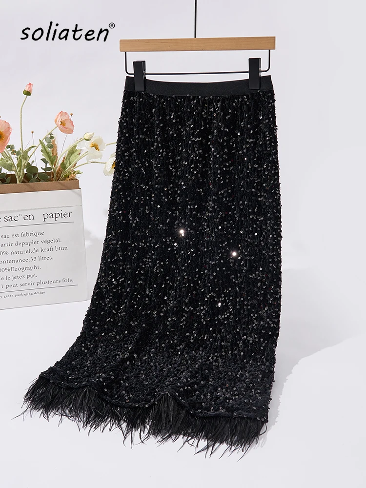 

Winter Women Black Thicken Warm Sequined Feather Skirt 2024 New Year Party Hip Skirt Slim Festival Female Chic Bottoms C-214