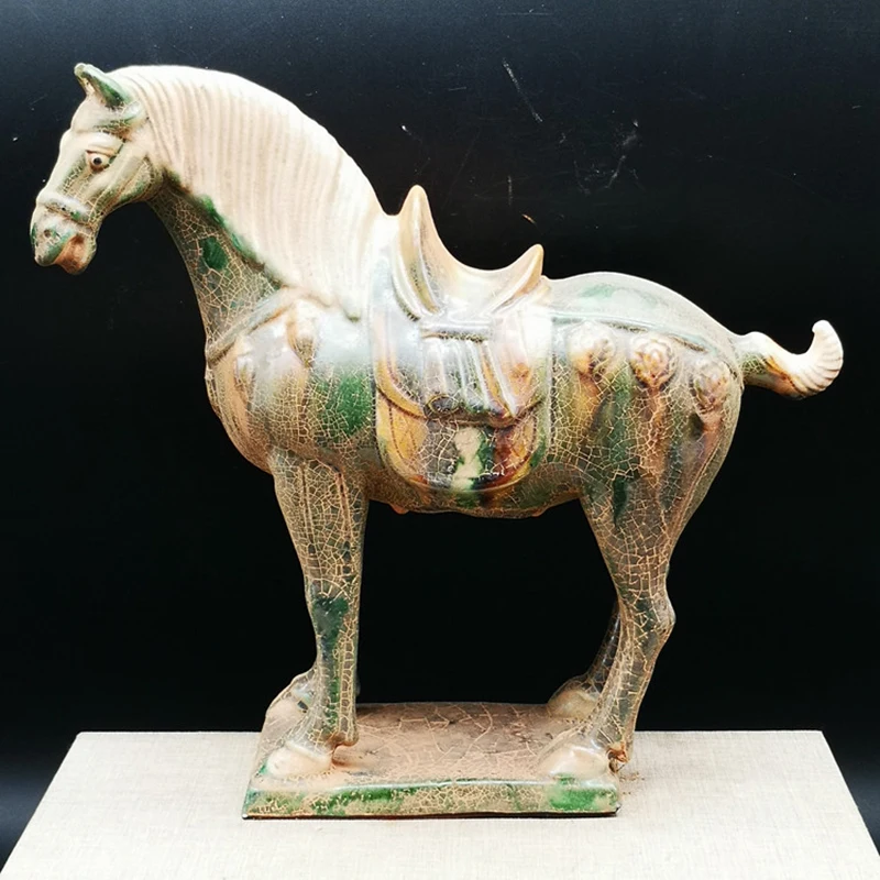 

9,0-дюймовая китайская трехцветная глазурованная керамика Тан, зеленая фарфоровая статуя, боевая лошадь