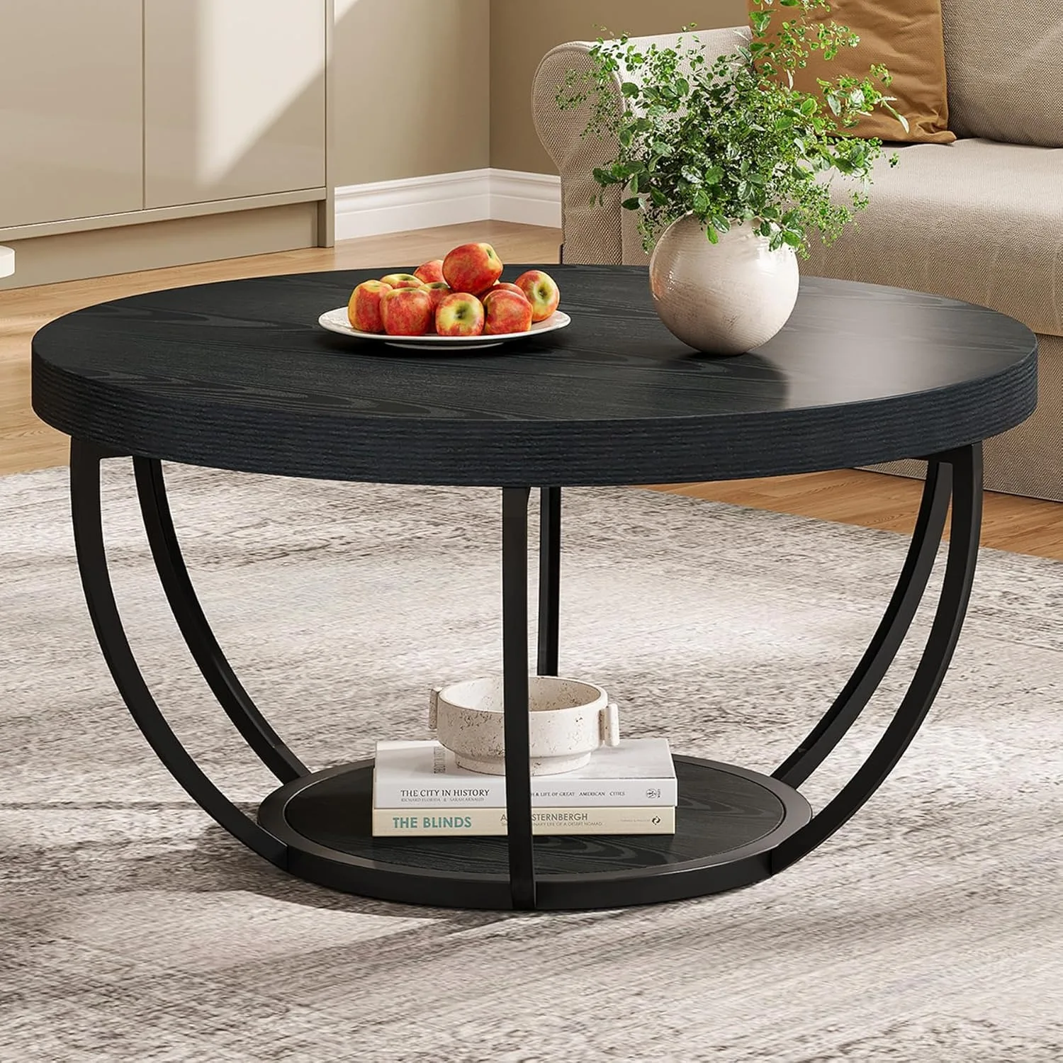 # Black Round Coffee Table, 31.7 Inch Modern 2 Tier Circle Coffee Table with Storage Shelves, for Living Room