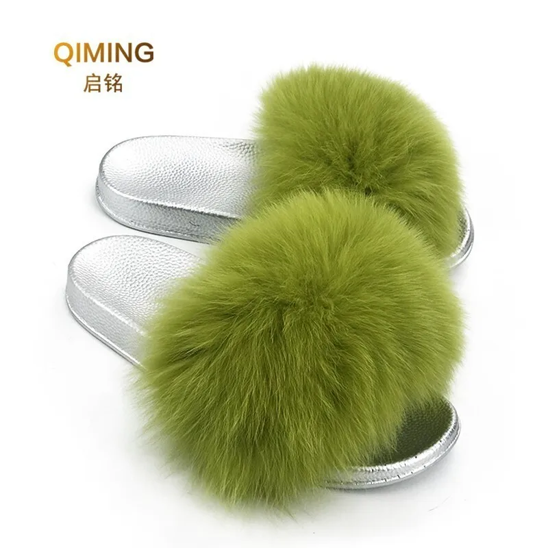 Summer Silver Soles Fox Fur Fluffy Home furry Slippers Female Non-slip Outdoor Slipper Women Beach Shoes Woman Flip Flops Slides