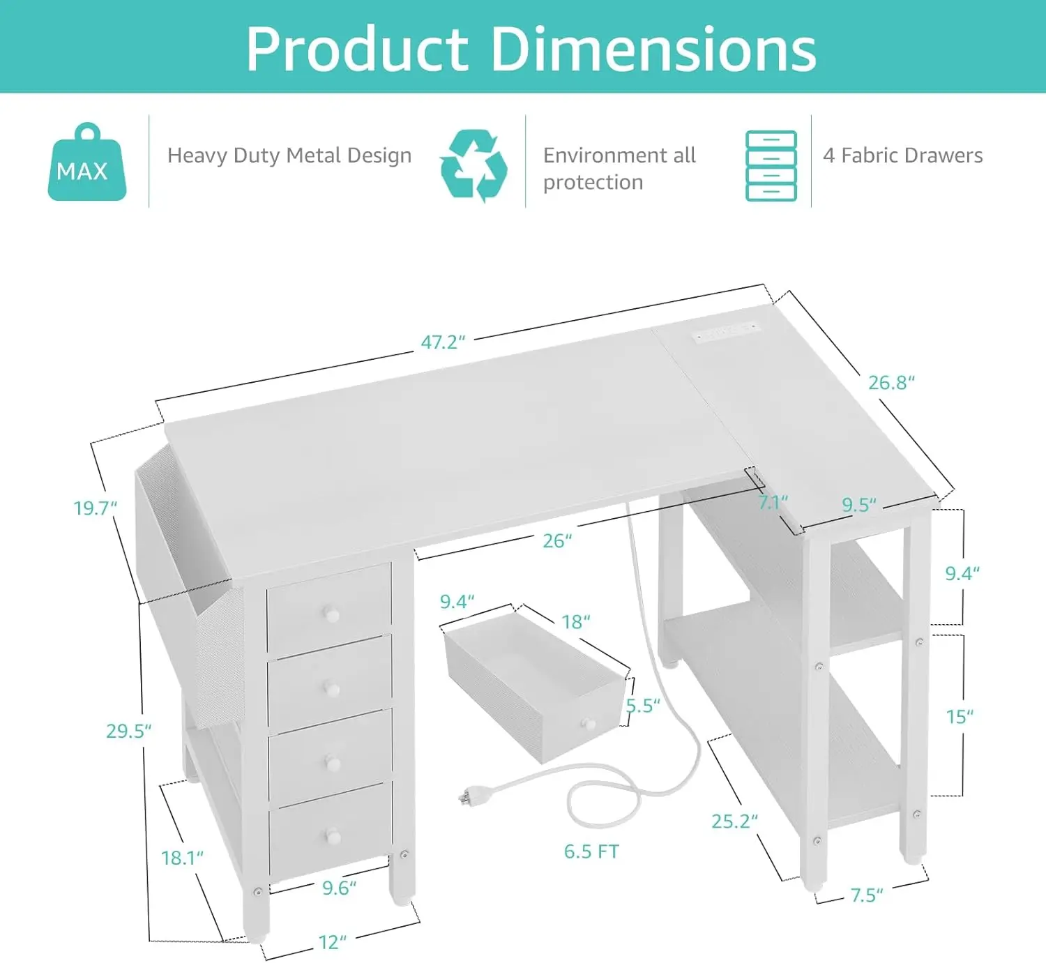 White L Shaped Computer Desk with Drawers & Storage Shelves, 47 Inch Corner Desk with Power Outlet for Home Office Bedro