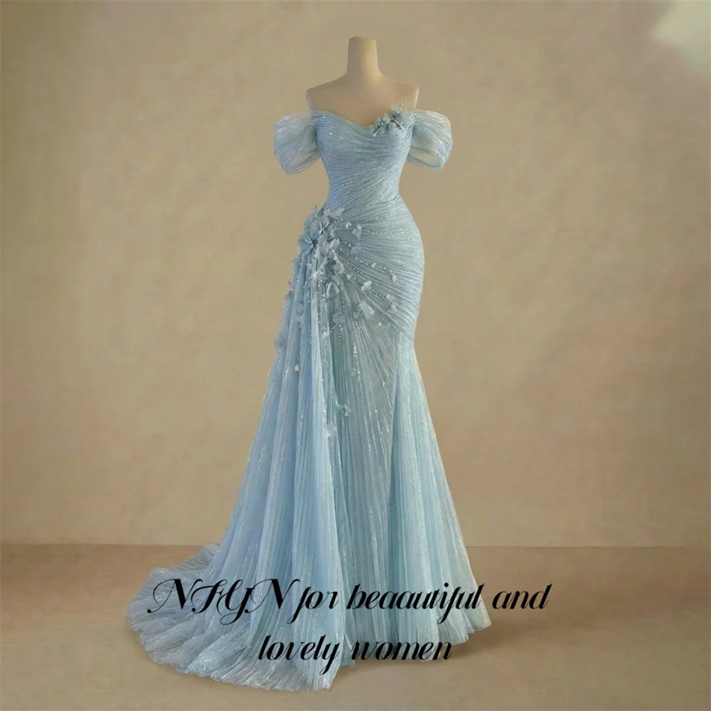 NFYN Blush Blue Prom Dress Off the Shoulder Celebrity Dress Trumpet Women's Evening Dress with 3D Floral Formal Gown Customized