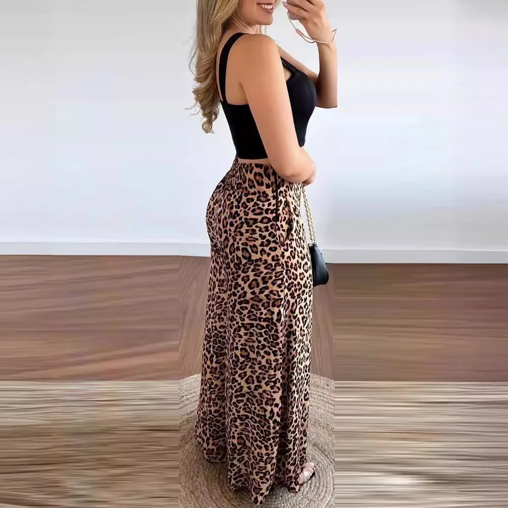 Two Piece Sets Women Outifits 2024 Summer Fashion Square Neck Sleeveless Crop Tank Top & Leopard Print Pocket Wide Leg Pants Set