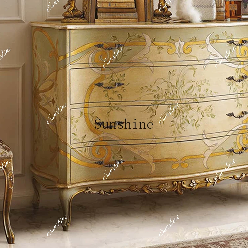 

European luxury entrance solid wood carving flower storage cabinet villa furniture customization FT