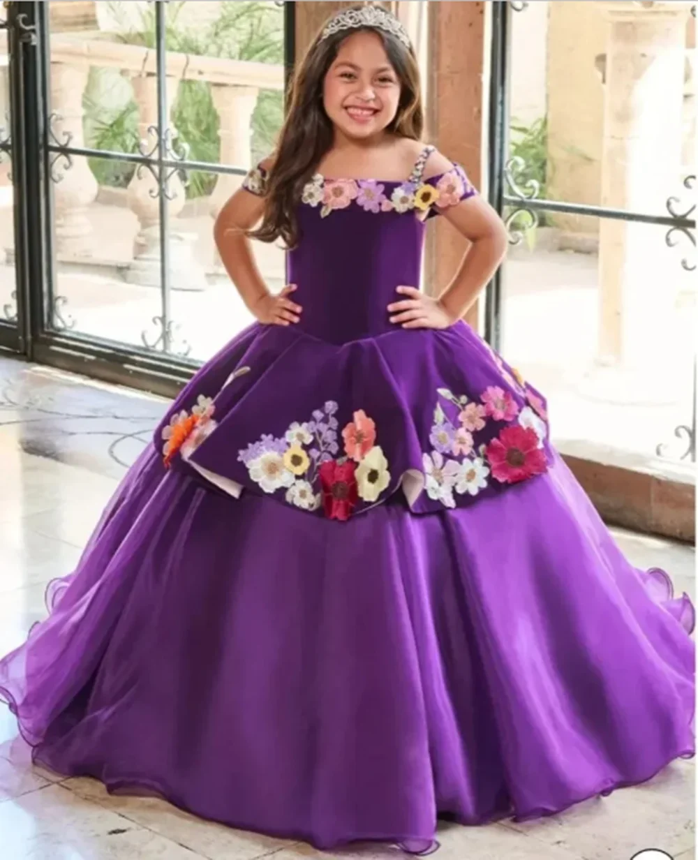 Vestidos morados con hombros descubiertos hasta el suelo para niña, vestidos de flores con apliques de encaje Floral, vestidos de primera comunión personalizados