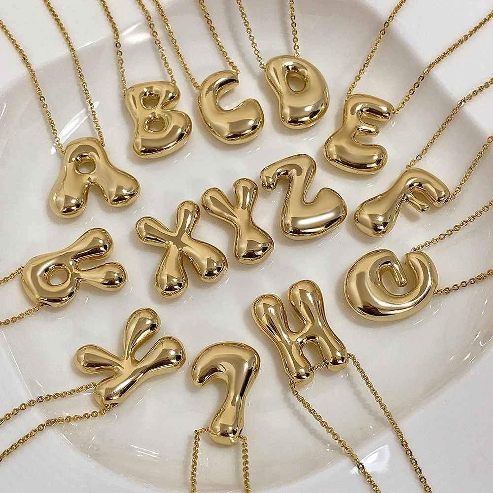 Chunky Gold Plated Copper Collares Pendant Chubby Alphabet Balloon Bubble Initial Letter Necklace for Women Men Jewelry Gifts