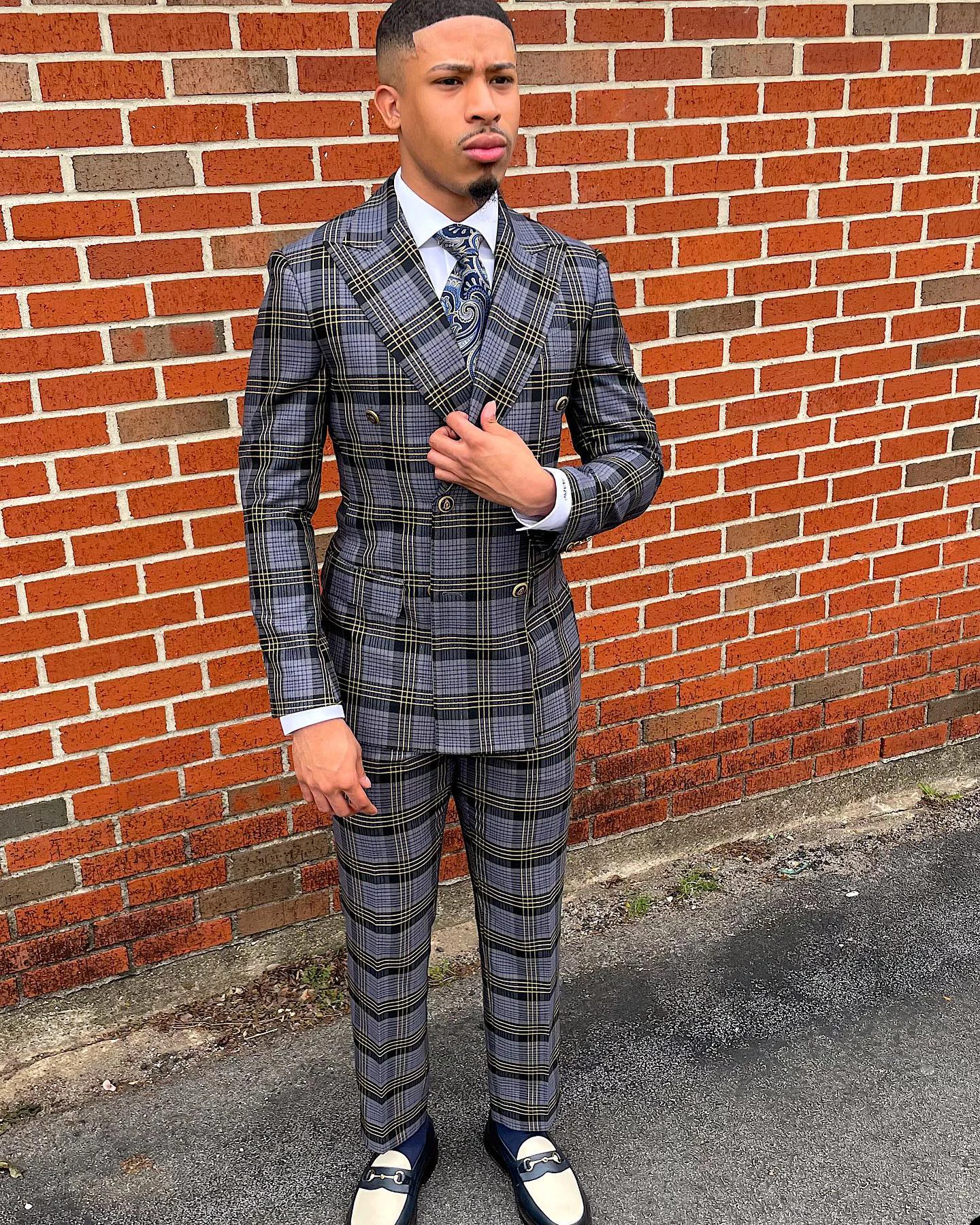 New Men\'s Suit 2 Pieces Blazer Pants Double Breasted Peaked Lapel Plaid Formal Stripes Wedding Groom Tailored Costume Homme