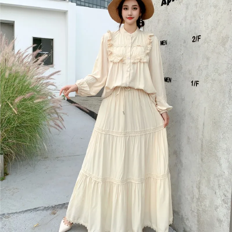 

Retro Lace Splicing Loose Lantern Sleeve Shirt Top + High Waist Pleated Skirt Two-piece Set 2025 Holiday Women's Beach Suit