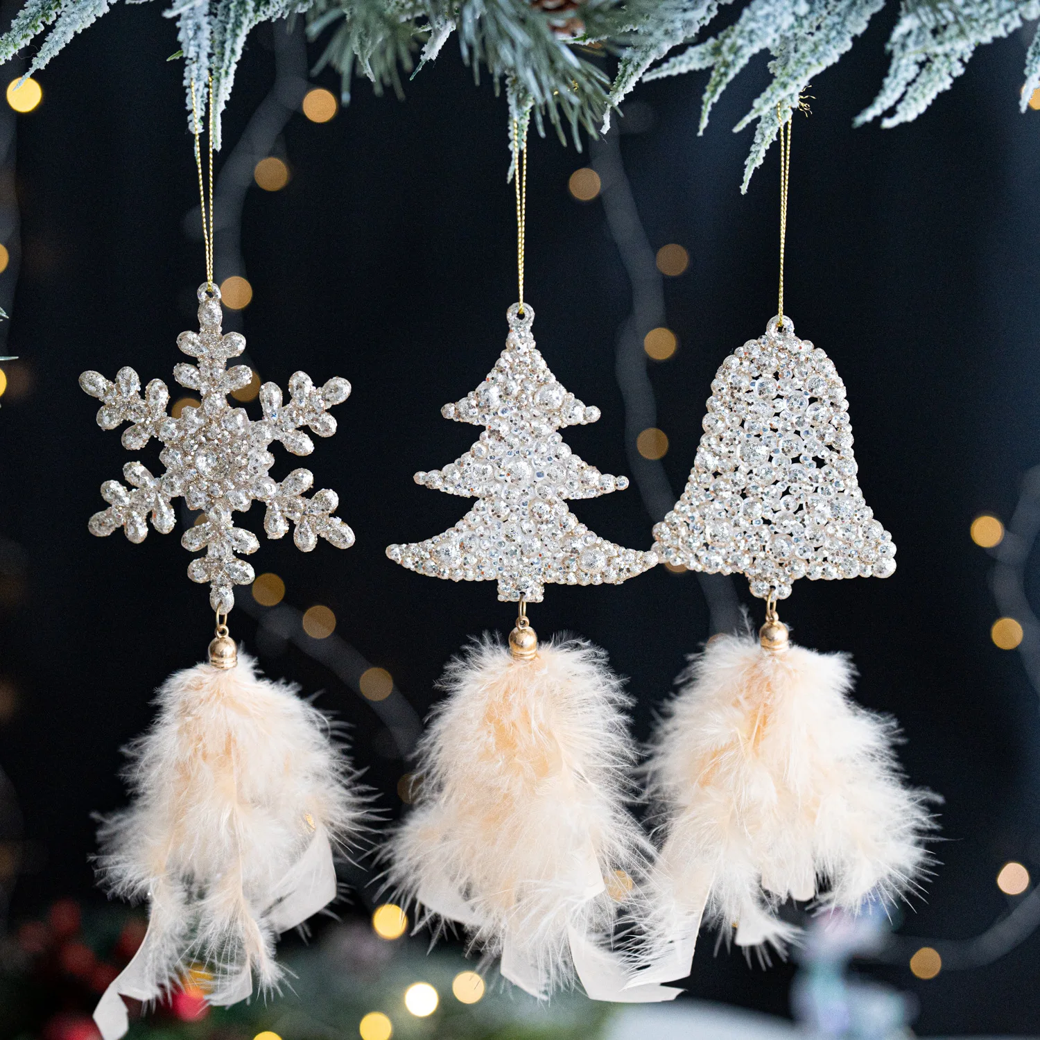 

New 1Pcs Christmas Decorations Christmas Tree Bells Snowflake Angel Elk Feather Pearl Powder Hanging Decoration Holiday Ambience