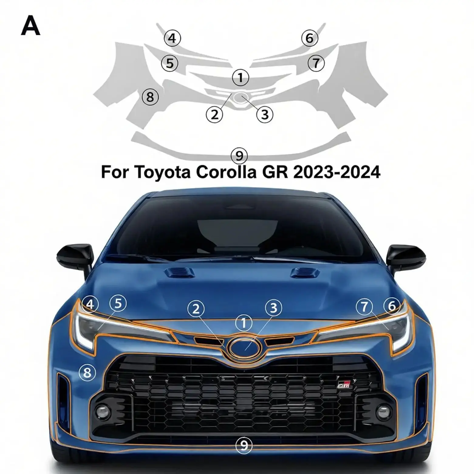 

Для Toyota GR Corolla 2023-2024: Комплект невидимой защитной пленки (PPF) из ТПУ для бампера и капота, устойчивой к царапинам, самовосстанавливающейся, предварительно вырезанной.