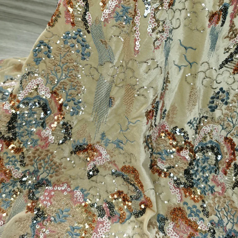 

Новая плотная цветная бархатная ткань с цветочным узором и вышивкой пайетками, для женской одежды, платьев, дизайнерских изделий.
