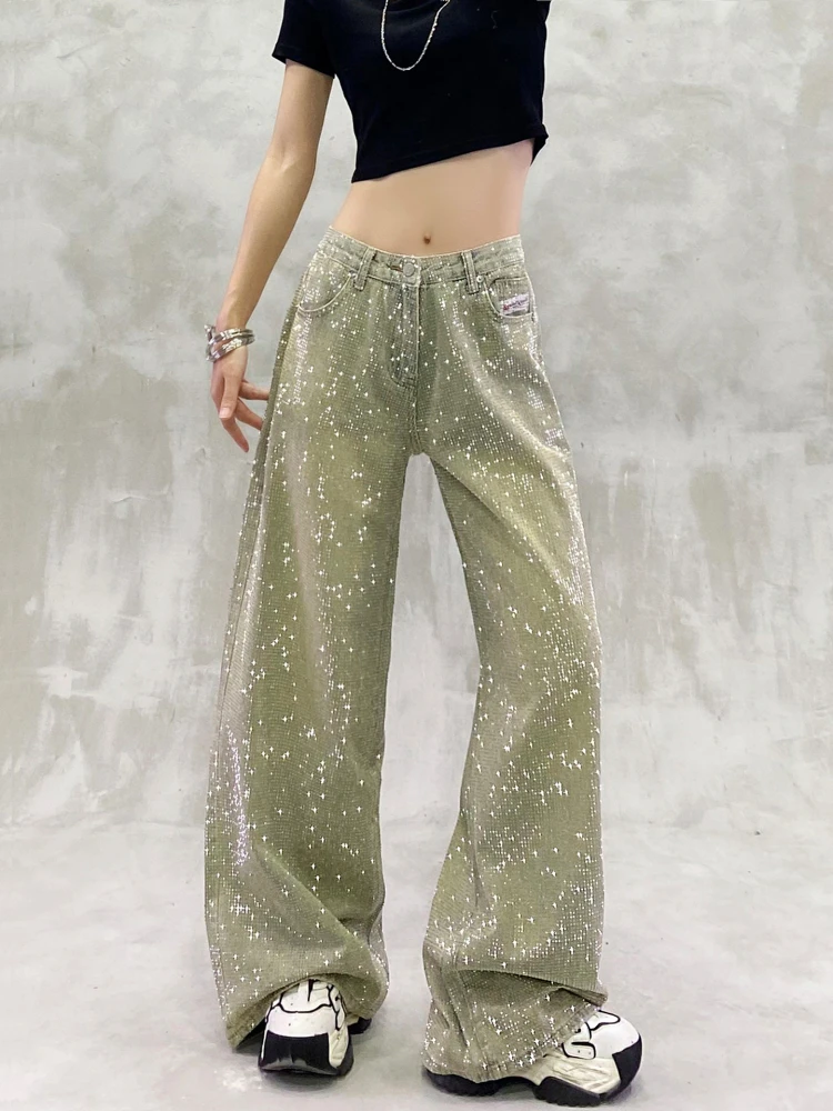 Blingbling الماس الكامل الساخن الحفر النساء سراويل جينز كل مباراة عالية الخصر واسعة الساق الجينز التطهير الطابق السراويل المستقيمة