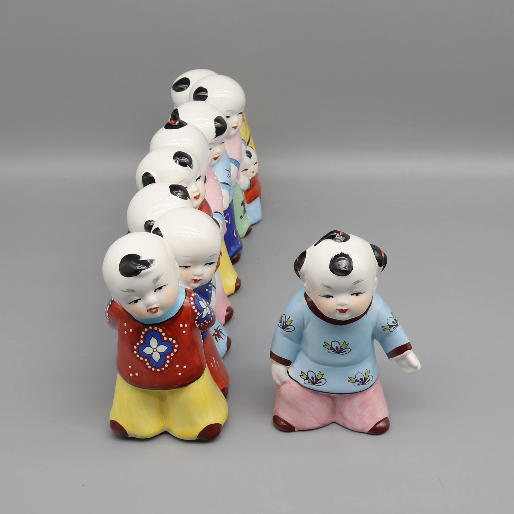 Colorful ceramic figurine, Hand painted ceramic artwork, The game Eagle Catches Chickens