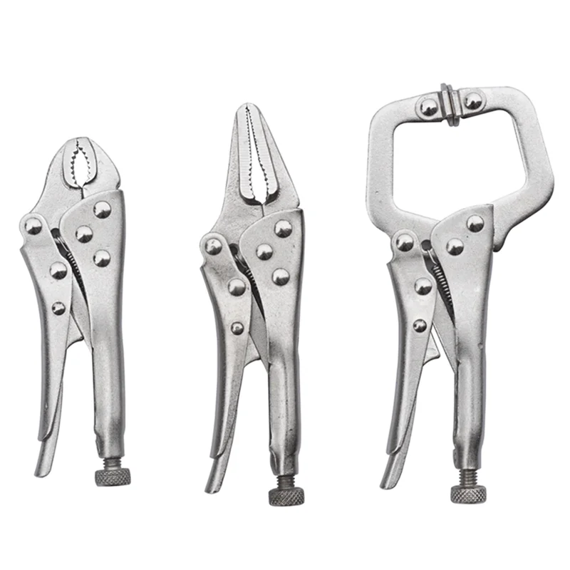 3Pcs Mini Vise Locking Pliers Set Curved Jaw Pliers and Long Nose and C Clamp Assorted Locking Welding Clamp