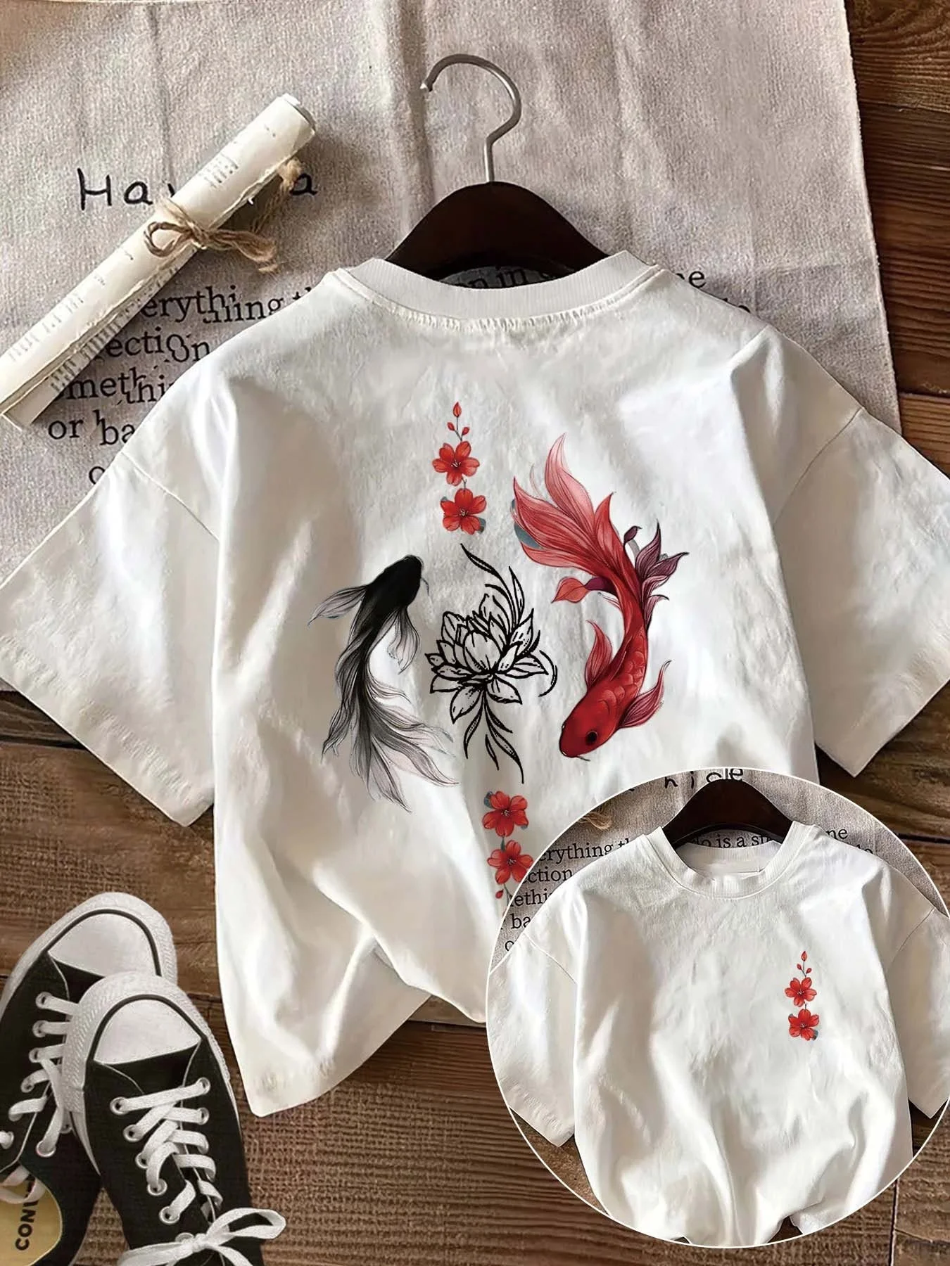 [Double-Sided Print] New Chinese-Style Women'S Summer Clothing with Double-Sided Prints, Featuring Patterns of Koi Fish, Lotus Flowers, And Flower Stems. This Solid-Color Top Is Perfect for Everyday Casual Wear