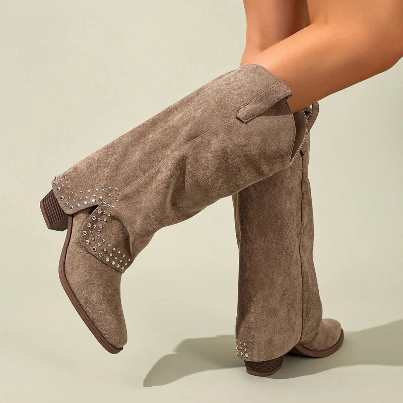 Womens Boots Fashion Chunky Heels Knee-high Boots Retro Rivet Pants Tube Boot Classic Denim Suede Leather Casual Long Tube Boots