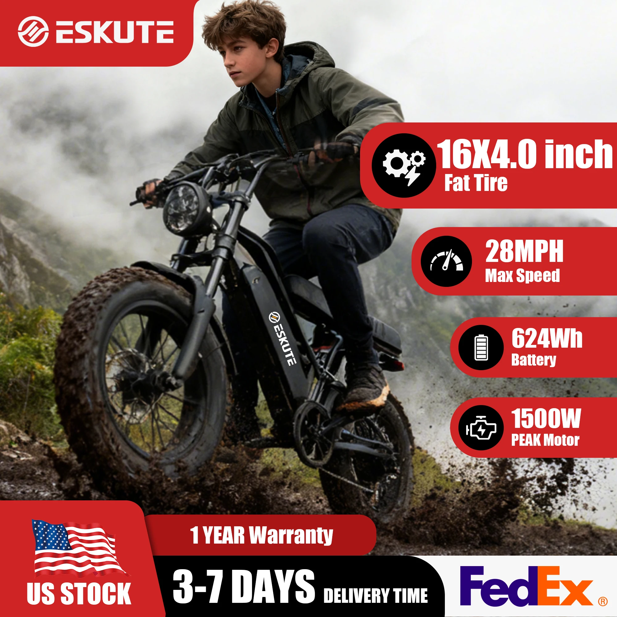Eskute V100 Electric Dirt Bike, 1500W Peak 20MPH+ 48V13Ah Battery Motorcycle, All Terrain Dual Suspension E Bike , Ebike Up to 60 Miles Range, 16