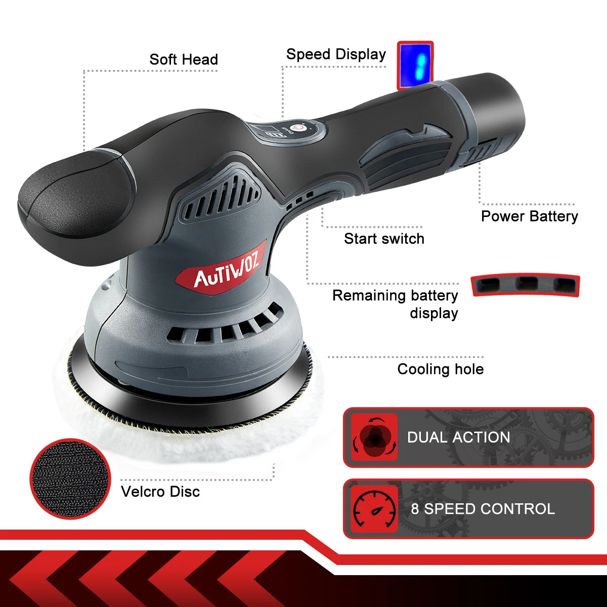 AUTIWOZ 12V Cordless Car Polisher 5 Inch Dual Action Brushless Buffer Machine 2 Batteries US Plug 110V Clearance Sale