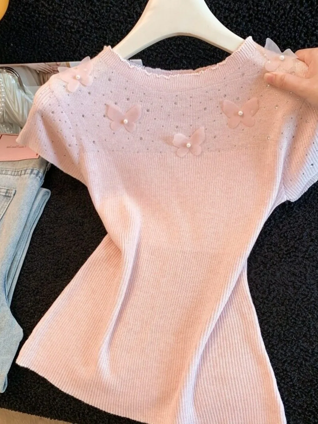 

Soft Style Heavy Embellished Knot Short Sleeve Knitted T-Shirt Women's Summer Slim Fit Short Length Top