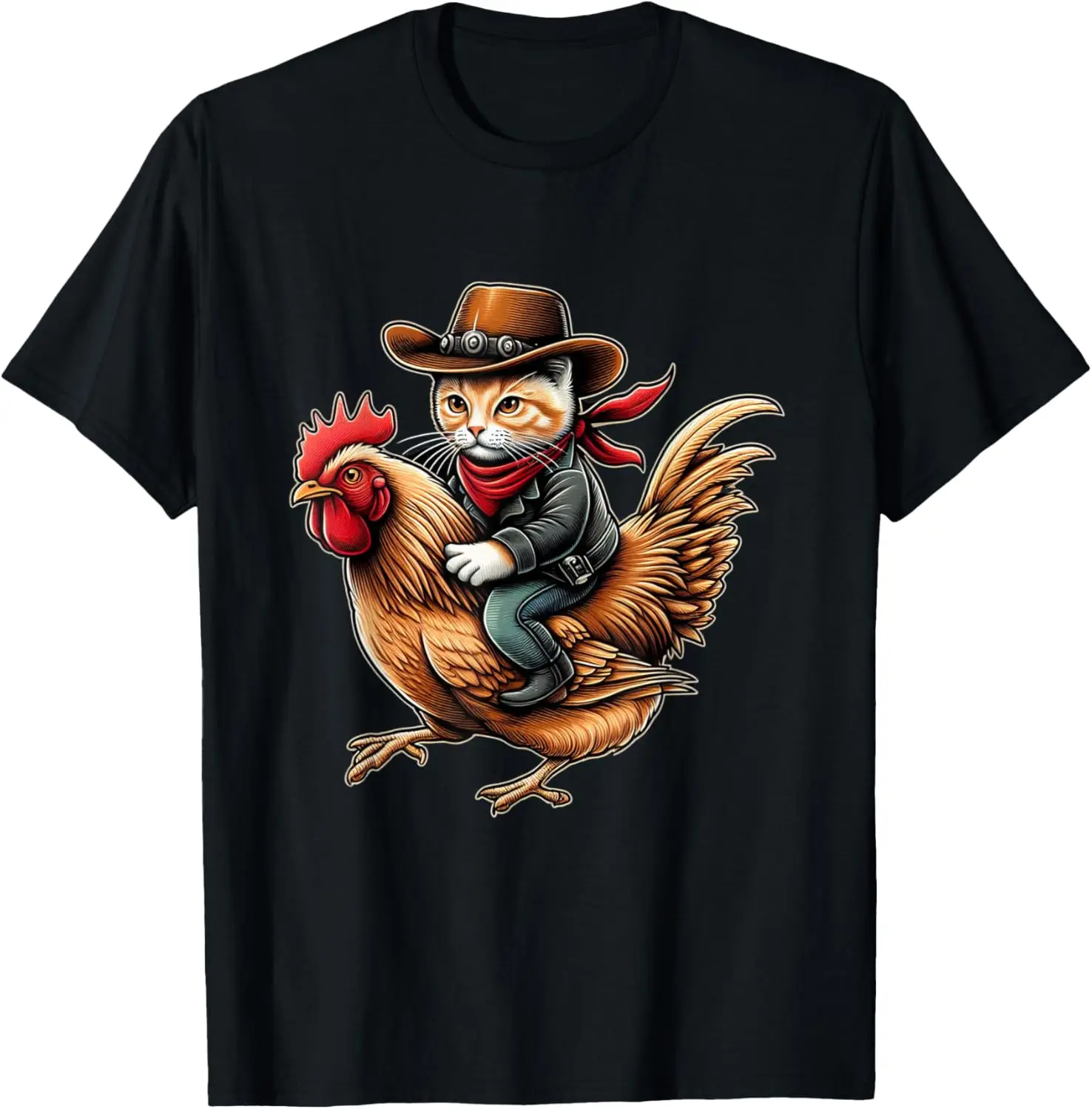 Camiseta con diseño vintage occidental divertido y pollo de montar en gato vaquero