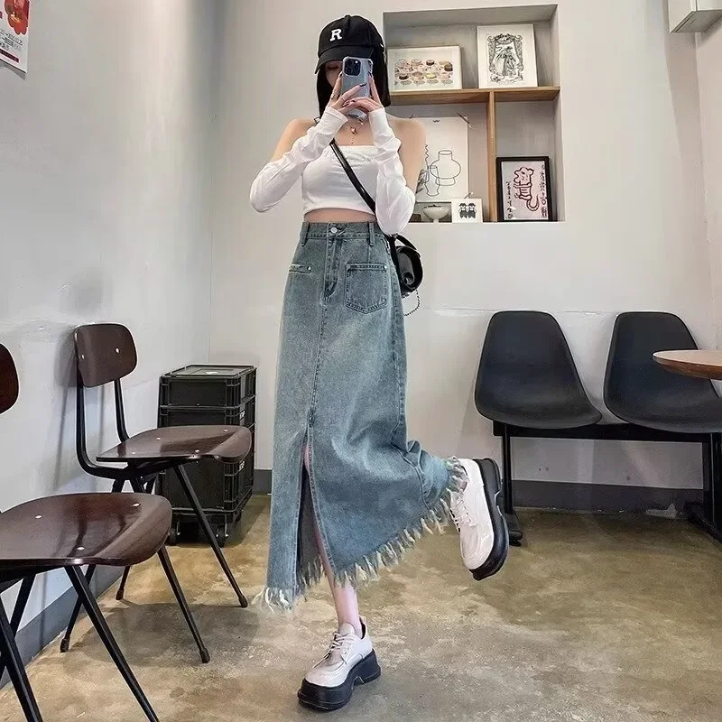 Saias femininas cintura alta fenda borla design a linha zíper bolso midi denim ulzzang na moda all-match temperamento lazer verão