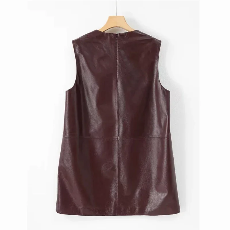 Burgundy Pullover Genuine Leather Sheepskin Vest for Women 2024 New Advanced Design Round Neck Dress Tank Top Oversized