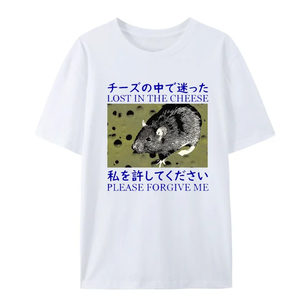 Japanese Style Lost in The Cheese Rat T-shirts Men Cotton Short Sleeve T Shirt Man Clothes T-shirts Streetwear