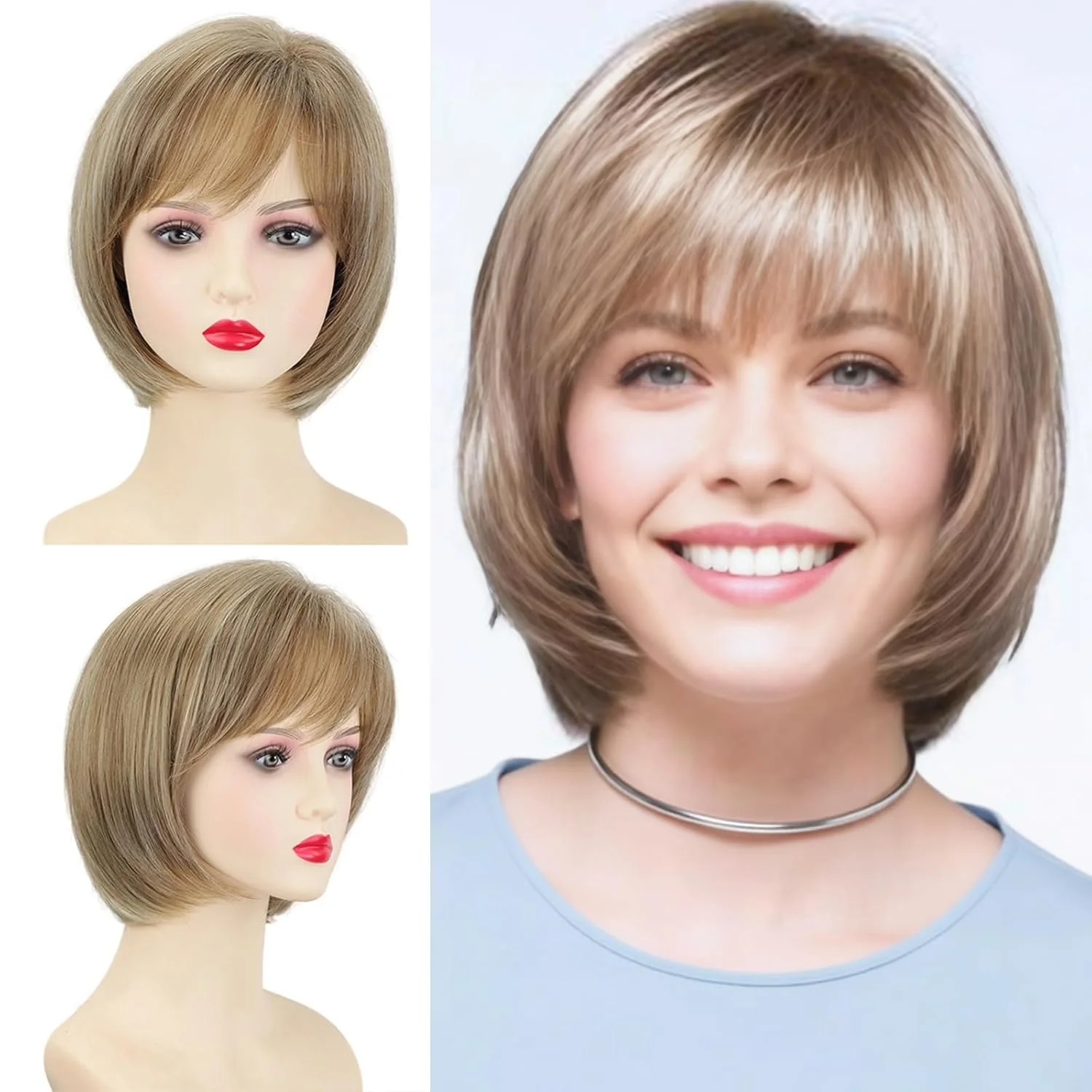 

Women's Fashion Short Blonde Bob Wig Natural Hairstyles Soft Straight Synthetic Wig with Bangs Cosplay Party Wig for Ladies